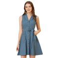 thumbnail image 1 of Unique Bargains Robe Chemise Sans Manches à Col Cranté Ceinturée pour Femmes, 1 of 6