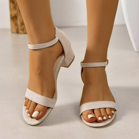 WZJuhiie One Line Buckle Sandals for Women Summer New Large Size Women s Sandals Comfortable Thick Heel Sandals