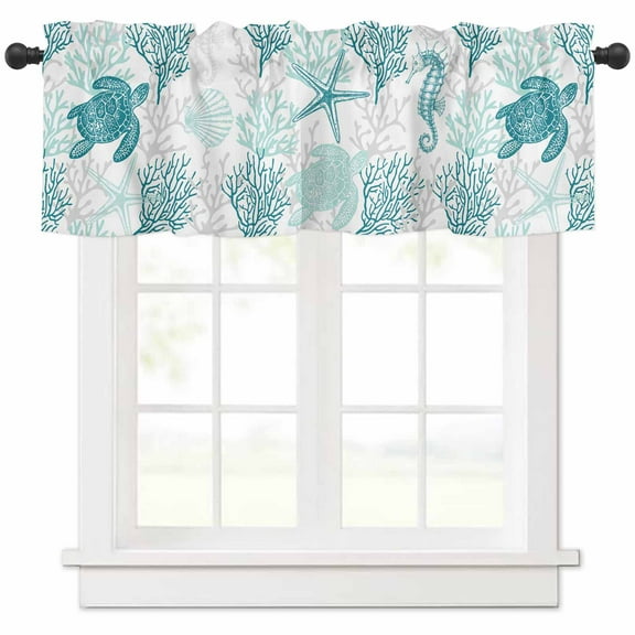 LEOKOTI Valances for Windows, Turquoise Coastal Light Filtering Window Valance Curtains for Living Room/Bedroom, Sea Turtle Nautical Coral Summer Beach Rod Pocket Kitchen Curtains 42"W x 18"L