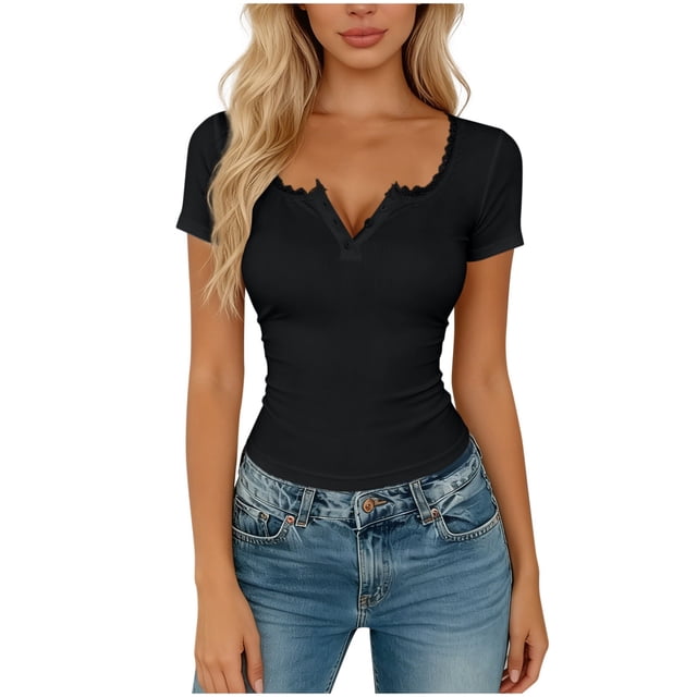 Mujeres Manga Corta Tops Casual Ruffle Botón V-Cuello Montado Manga Corta Superior Poliéster Ligero Suave Cómodo para la Primavera Verano Uso Diario