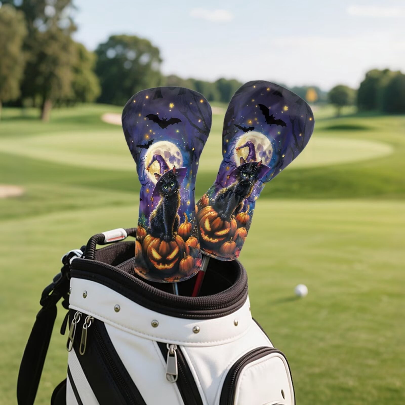 Uorisanigo Golf Club Head Covers, Driver, Fairway #3#5, Hybrid Headgear, Premium Waterproof PU Leather Halloween Black Cat Golf Headcover Accessories for Women Men, Set of 3