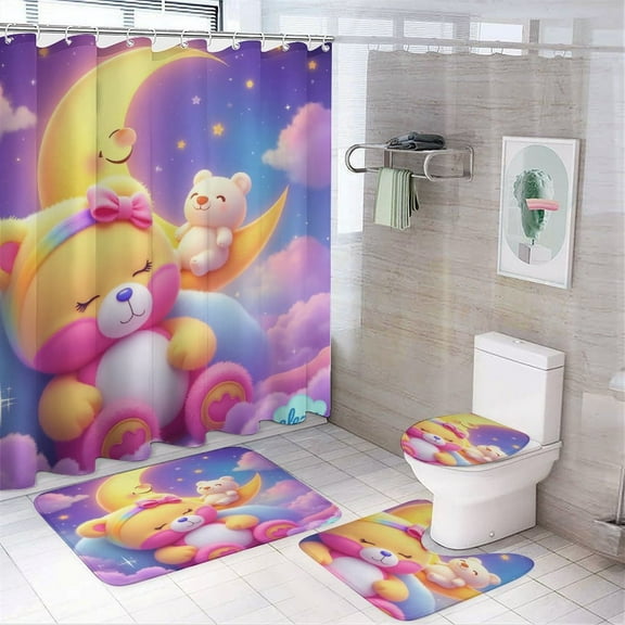 Cute Bears Moon Night Sky Shower Curtain Bathroom Sets Toilet Lid Rug, Bath Mat And Contour Mat, Shower Curtain 4Pcs