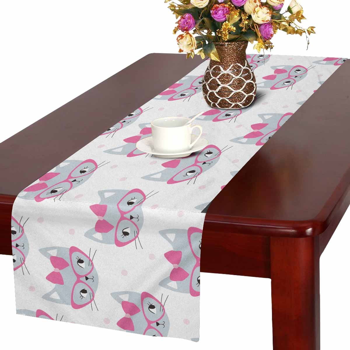 MKHERT Cute Cat Table Runner, Cartoon Cat Table Cloth Runner for