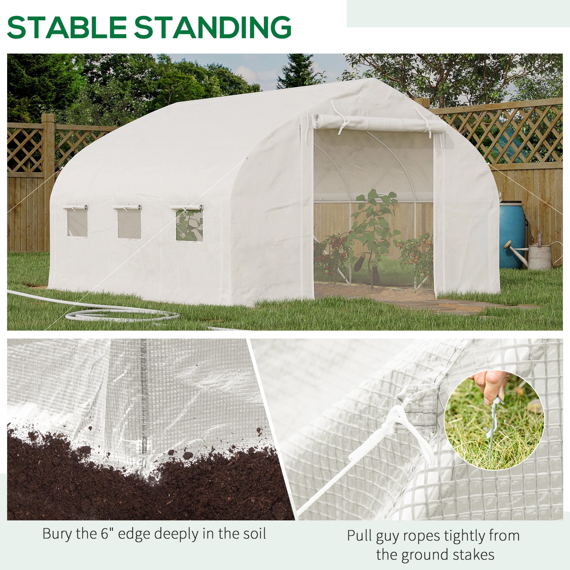 Outsunny Tunnel Greenhouse w/ Mesh Door & Roll-up Sidewalls Hot House White