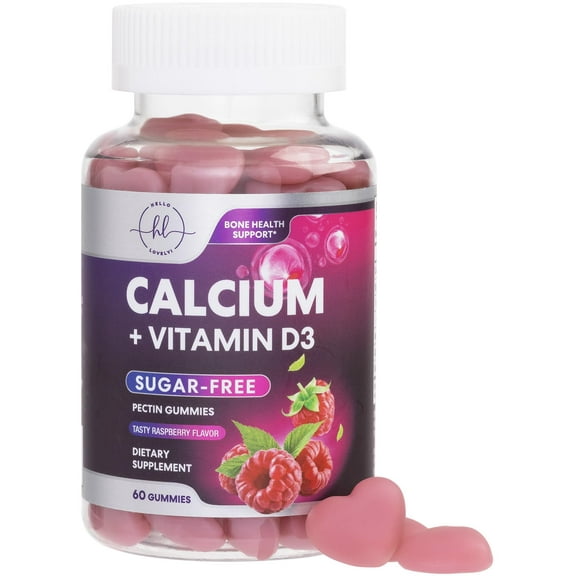 Sugar Free Calcium Gummies with Vitamin D3 - Calcium Supplements for Women for Bone Strength, Teeth & Immune Health Support, Natural Chews for Women & Men - Raspberry Flavored & Non-GMO - 60 Gummies