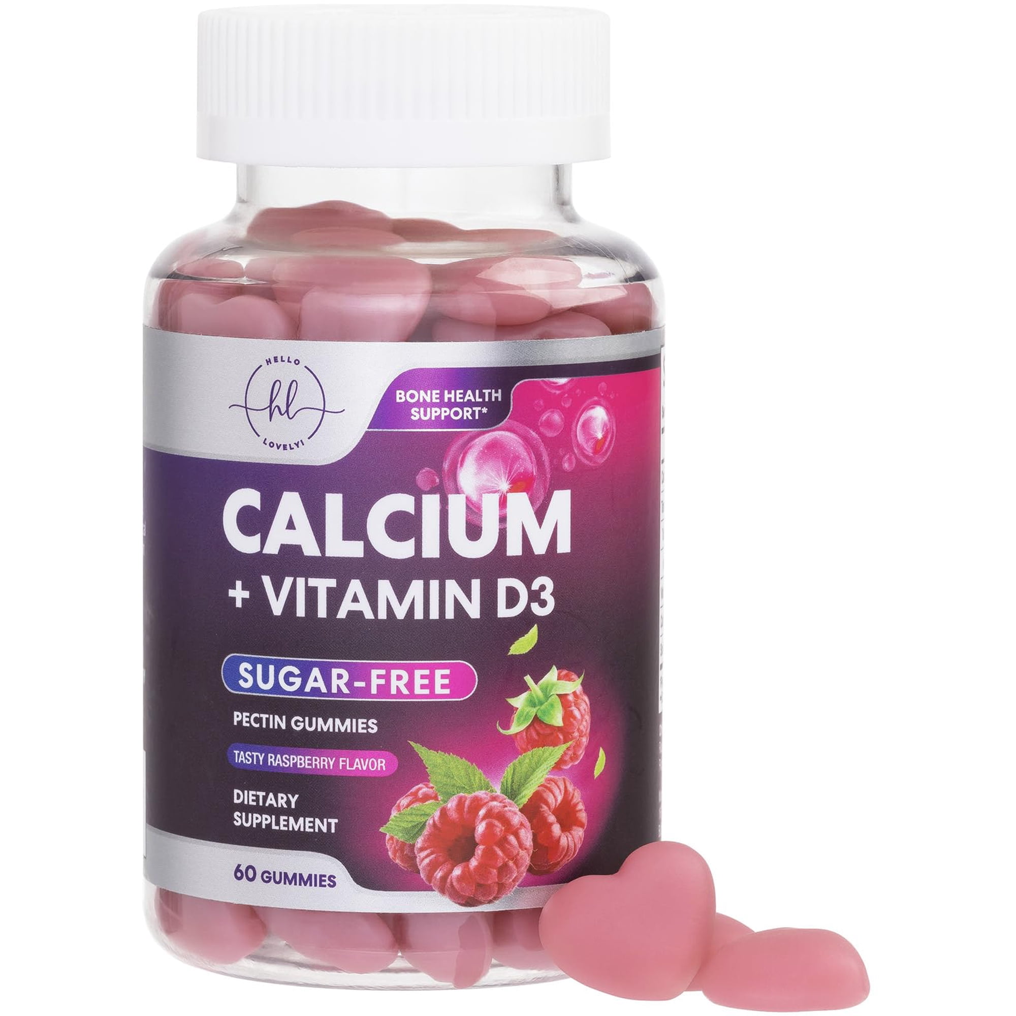 Calcium Supplement Gummies - Sugar Free Calcium Gummy with Vitamin D3 for Best Absorption - Supports Immune Health, Bone Strength & Teeth - Calcium Chews for Women & Men - Berry Flavor - 60 Gummies