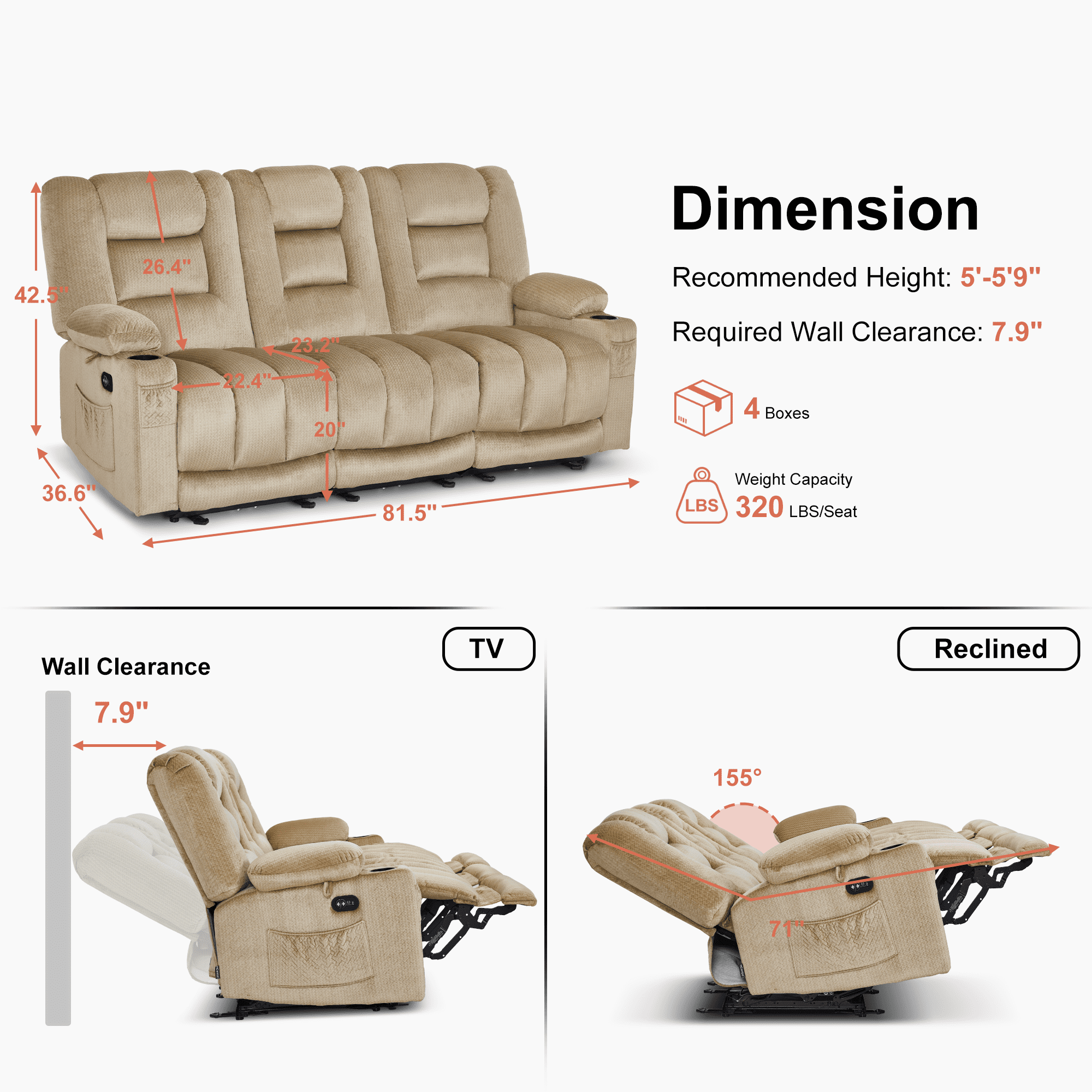 MCombo 3 Seater Zero Gravity Power Reclining Sofa for Living Room, Fabric, Beige
