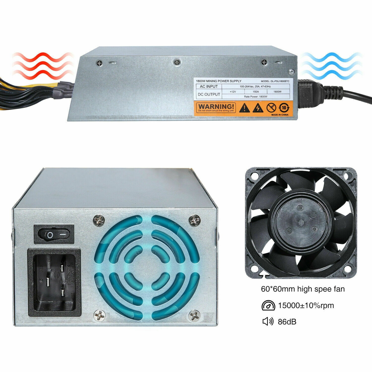 2000W Mining Power Supply, 2U Miner Power Supply for 8 GPU ETH Rig Miner  Machine, 110V-