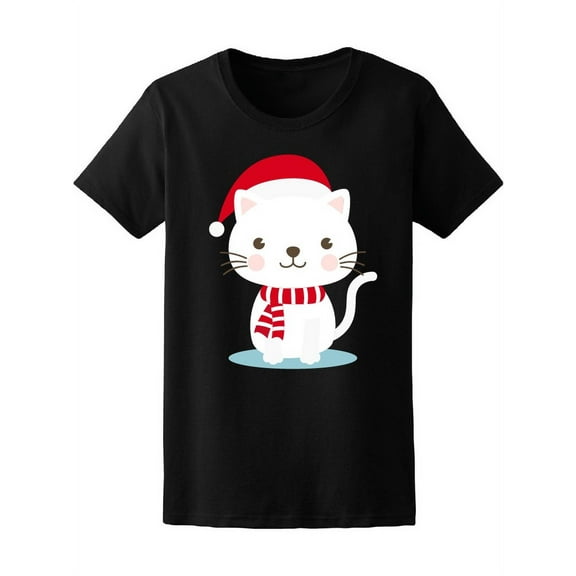White Christmas Cat Kitten T-Shirt Women -Image by Shutterstock, Female Large