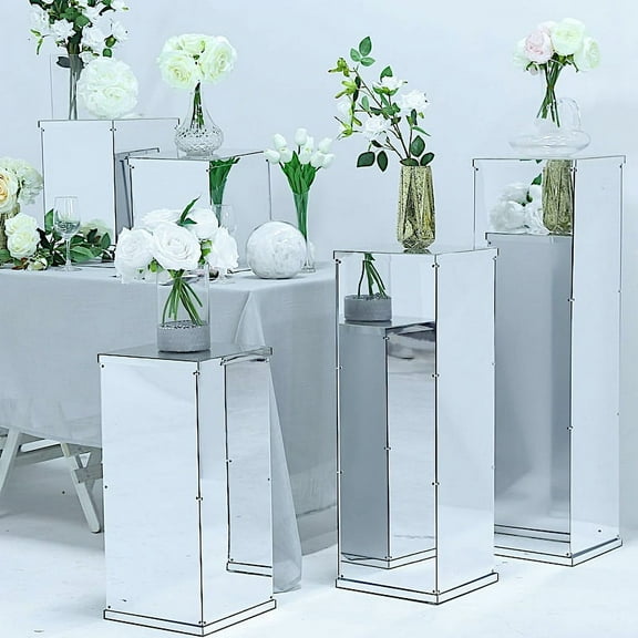 Balsa Circle 5 Silver Mirror Display Boxes Centerpieces Columns Pedestal Riser Party Wedding Decorations