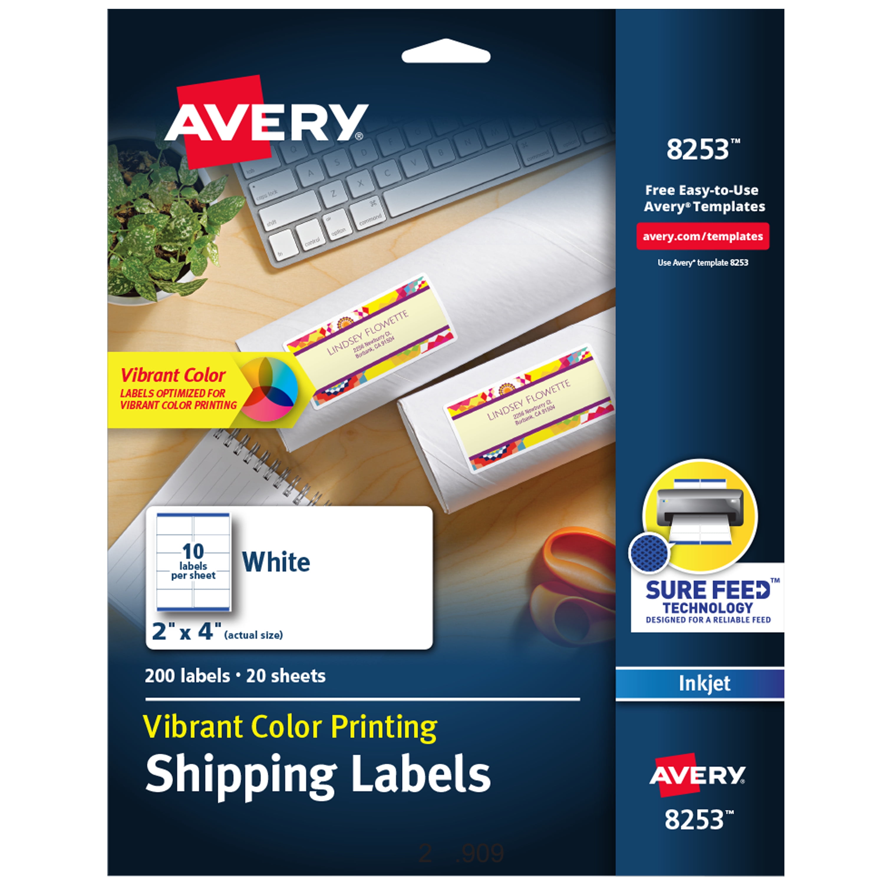 Avery Color Printing Labels, Sure Feed, 2" x 4", 200 Labels (8253