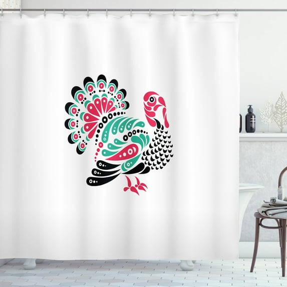 Ambesonne Turkey Shower Curtain, Thanksgiving Animal, 69"Wx75"L, Sea Green White
