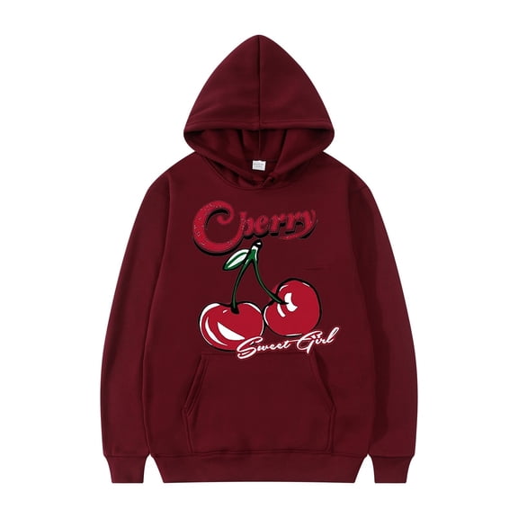 Mens Hoodie Cherry Pattern Pullover Long Sleeve Drawstring Casual Comfortable Durable Mens Sweatshirt