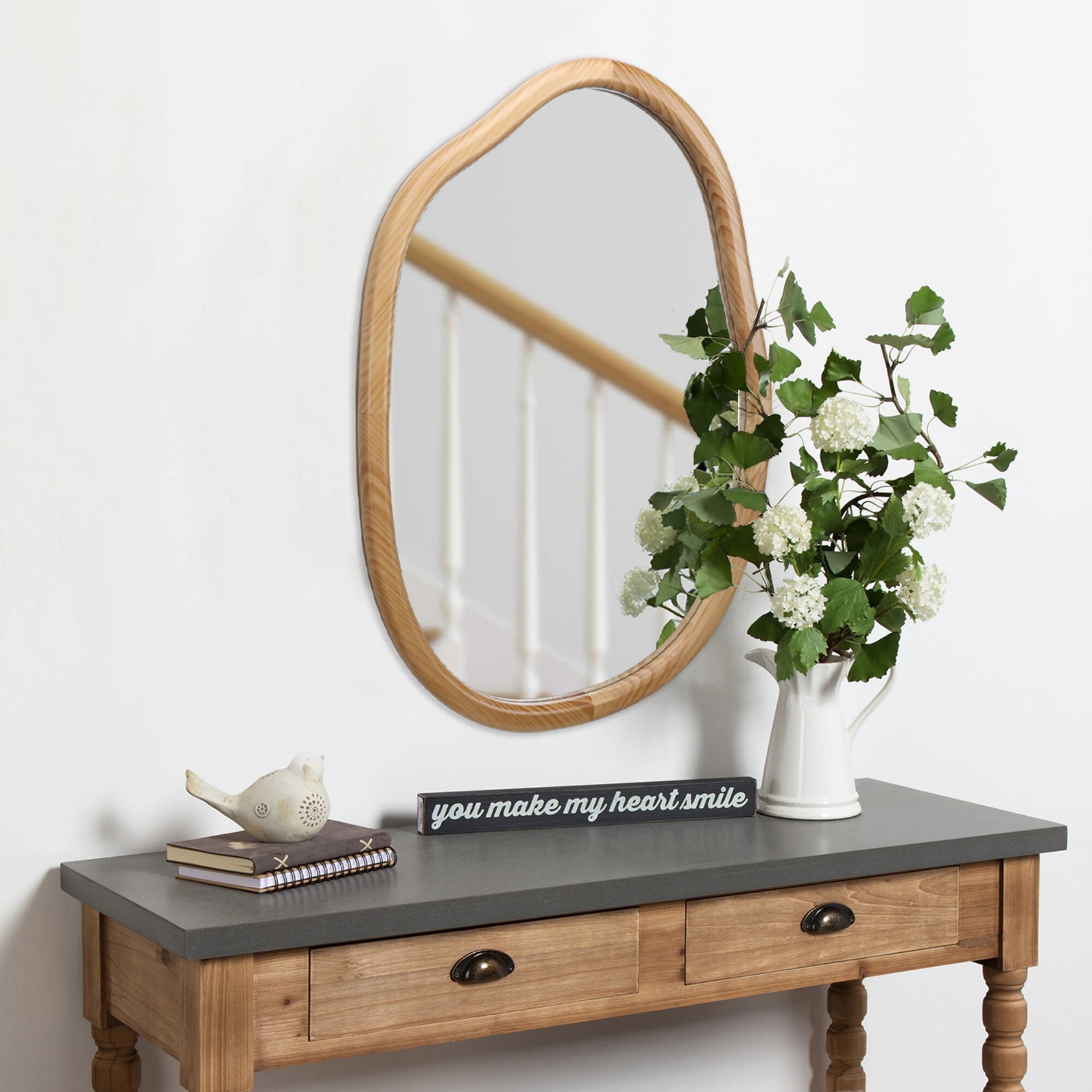 AENKYO Modern Irregular Wavy Mirror, Asymmetrical Wood Frame Decorative Wall Mirror for Bedroom & Living Room, Natural