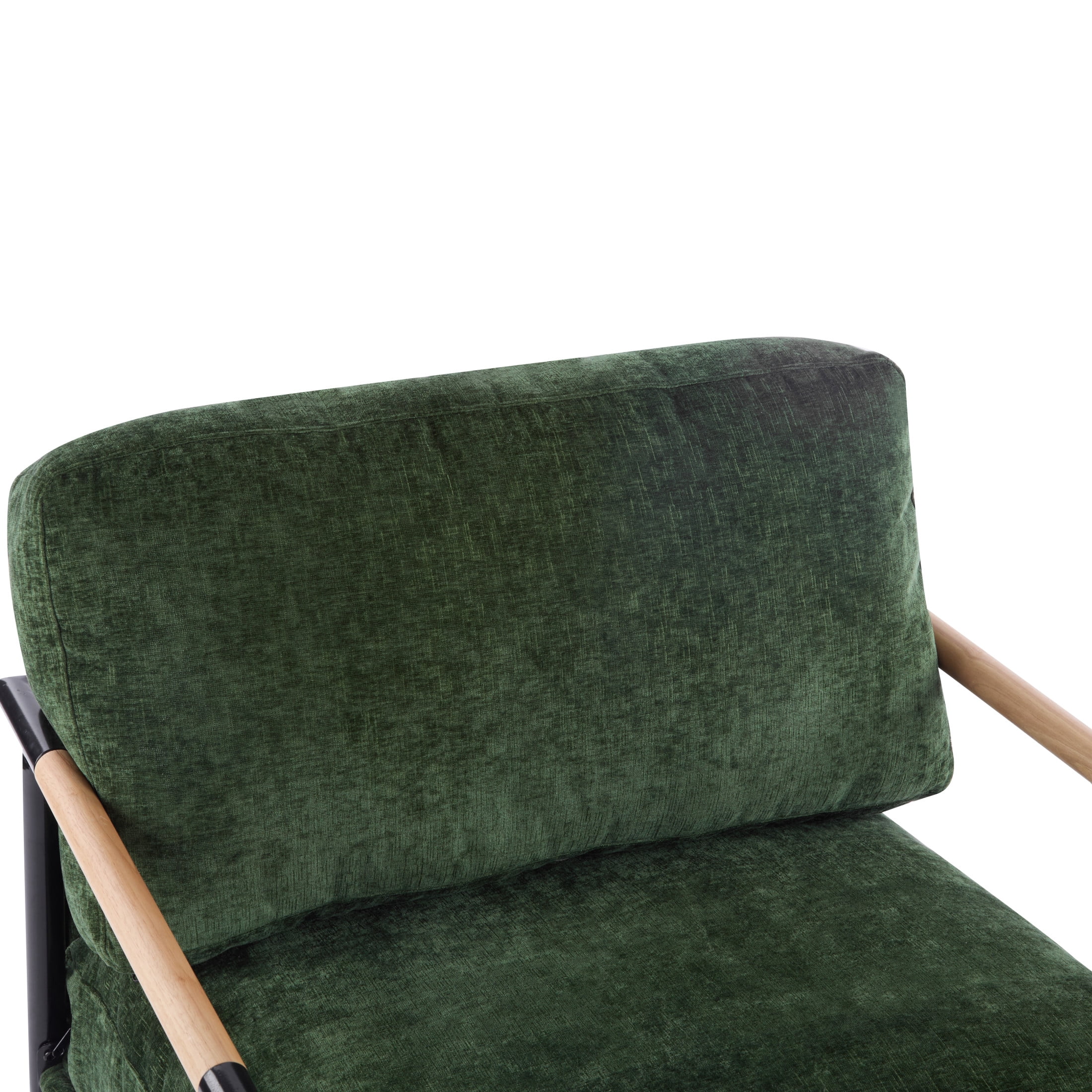 Modern Armchair with Metal Frame & Natural Wood Armrests, Plush Cushions, Green+Black