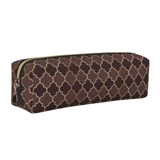 Easygdp Brown Gold Grid para Estuche de Lápices de Cuero, Estuche de Papelería de Cuero, Estuche de Gran Capacidad con Cremallera