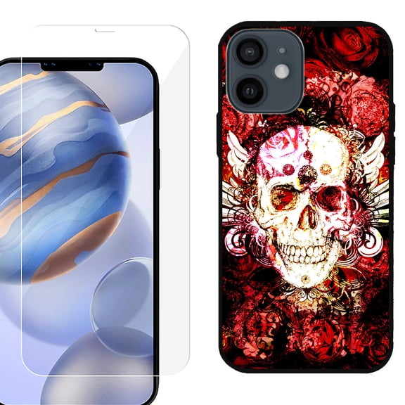 Slim-Fit Protective Phone Case (Black) compatible with iPhone 12 / iPhone 12 Pro, with Tempered Glass Screen Protector, by OneToughShield ® - Rose Skull