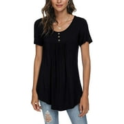ppyoung Women's Summer Short Sleeve Tunic Tops Fit Pleated Blouses