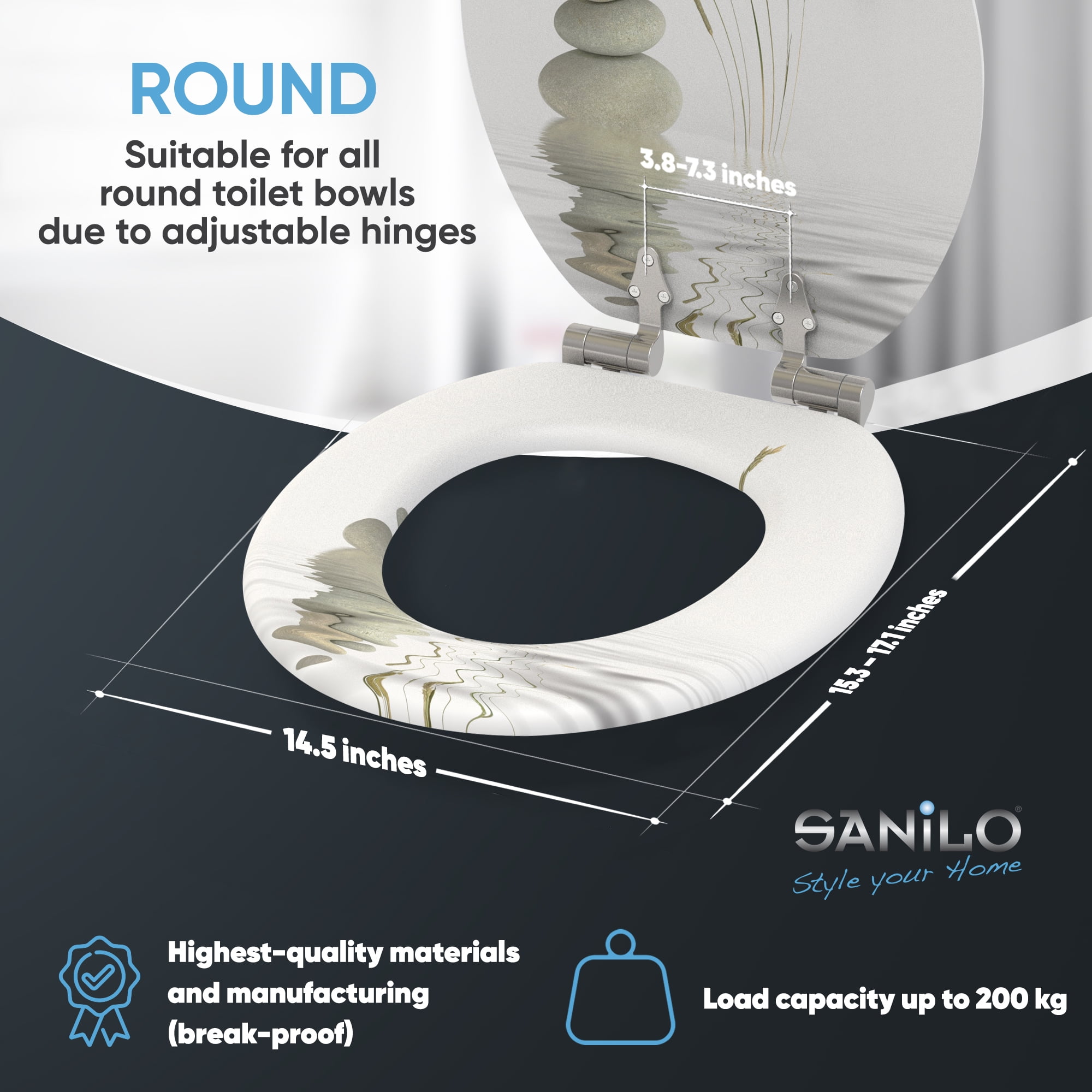 Sanilo Soft Close Toilet Seat ROUND, Quiet and Slow Close Lid and Seat, Strong Bumpers and Hinges, Balance