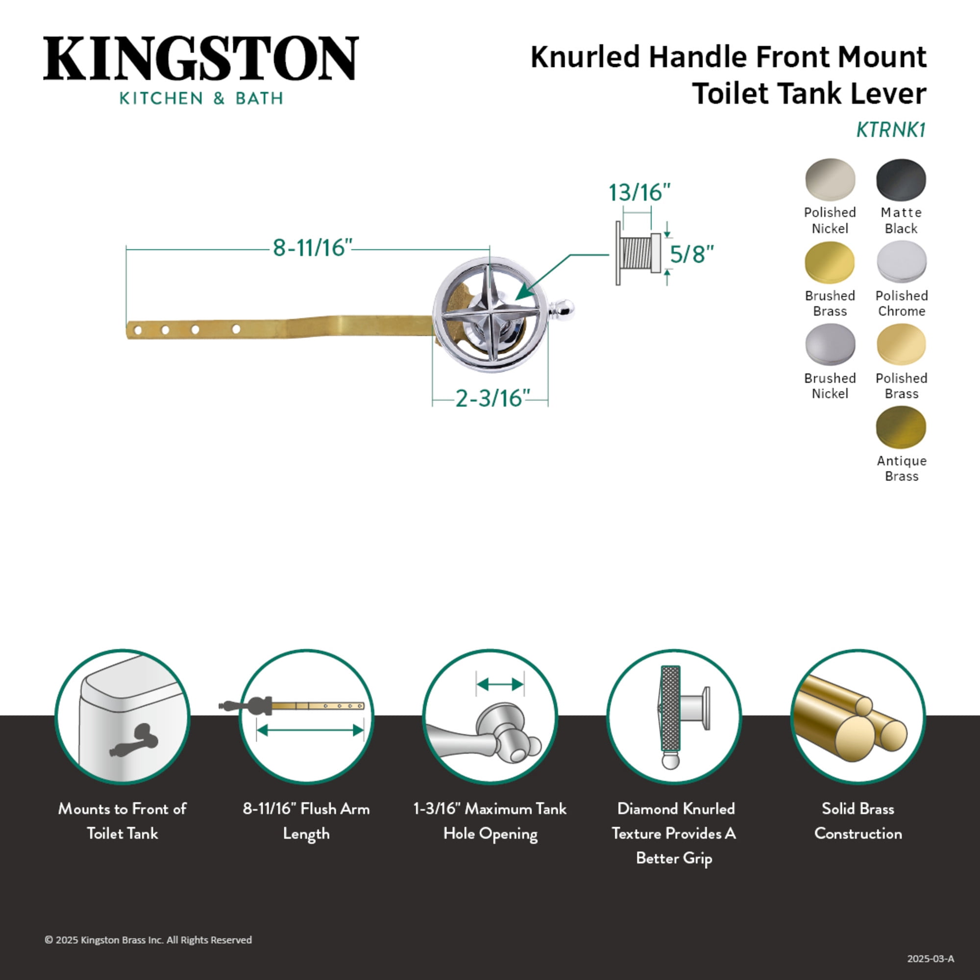 Kingston Brass KTRNK1 Levante Front Mount Toilet Tank Lever with Knurled Handle in Polished Chrome