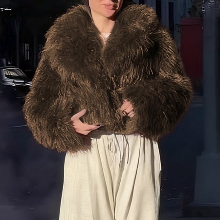 jtjvou Women s Long Sleeve Warm Faux Fur Jacket Stylish V-neck Casual Coat Soft Comfortable Fashionable Outerwear Daily Use Perfect for Parties Brown S