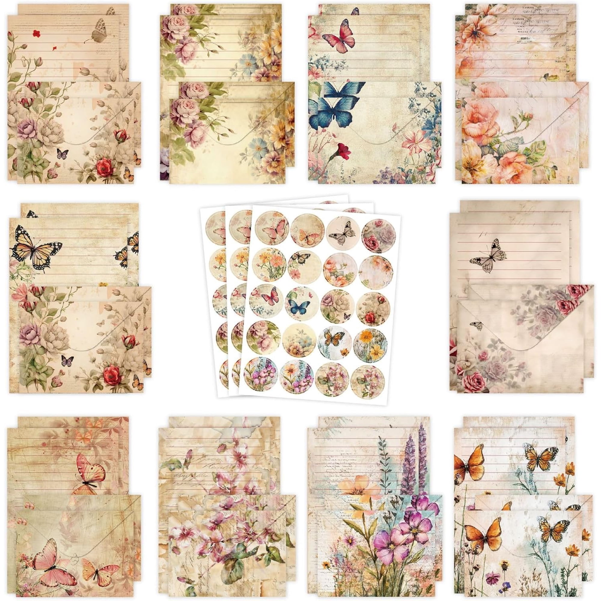 Stationery Paper and Envelopes Set with Stickers - 160 Pcs Vintage Plant Design Letter Writing Kit 10 Styles 5.5 x 8.25 Inch