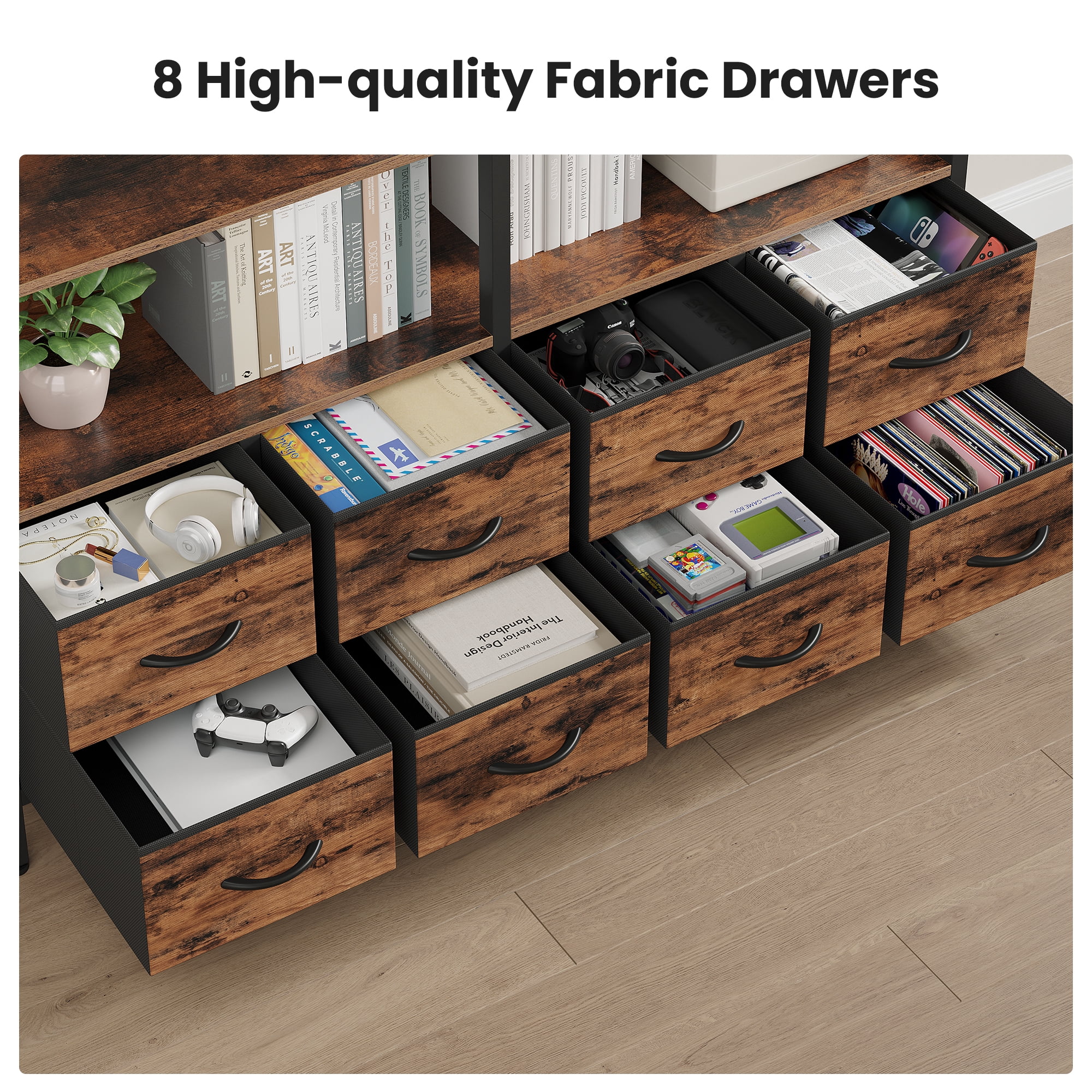 Afuhokles Bookshelf with 8 Fabric Drawers, 7-Tier Bookcase for Living Room Home Office, Brown