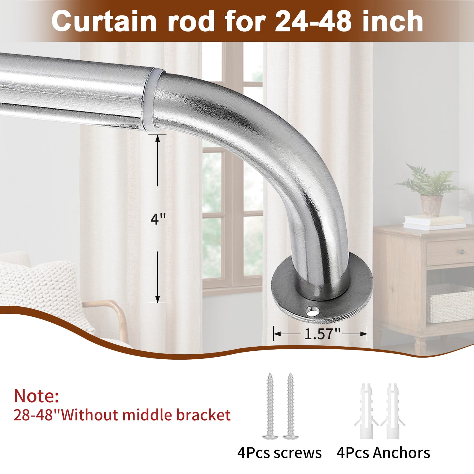 Meriville 1-Inch Diameter Wrap Around Blackout Curtain Rod, 28-Inch to 48-Inch, Brushed Nickel Finish with Round Base