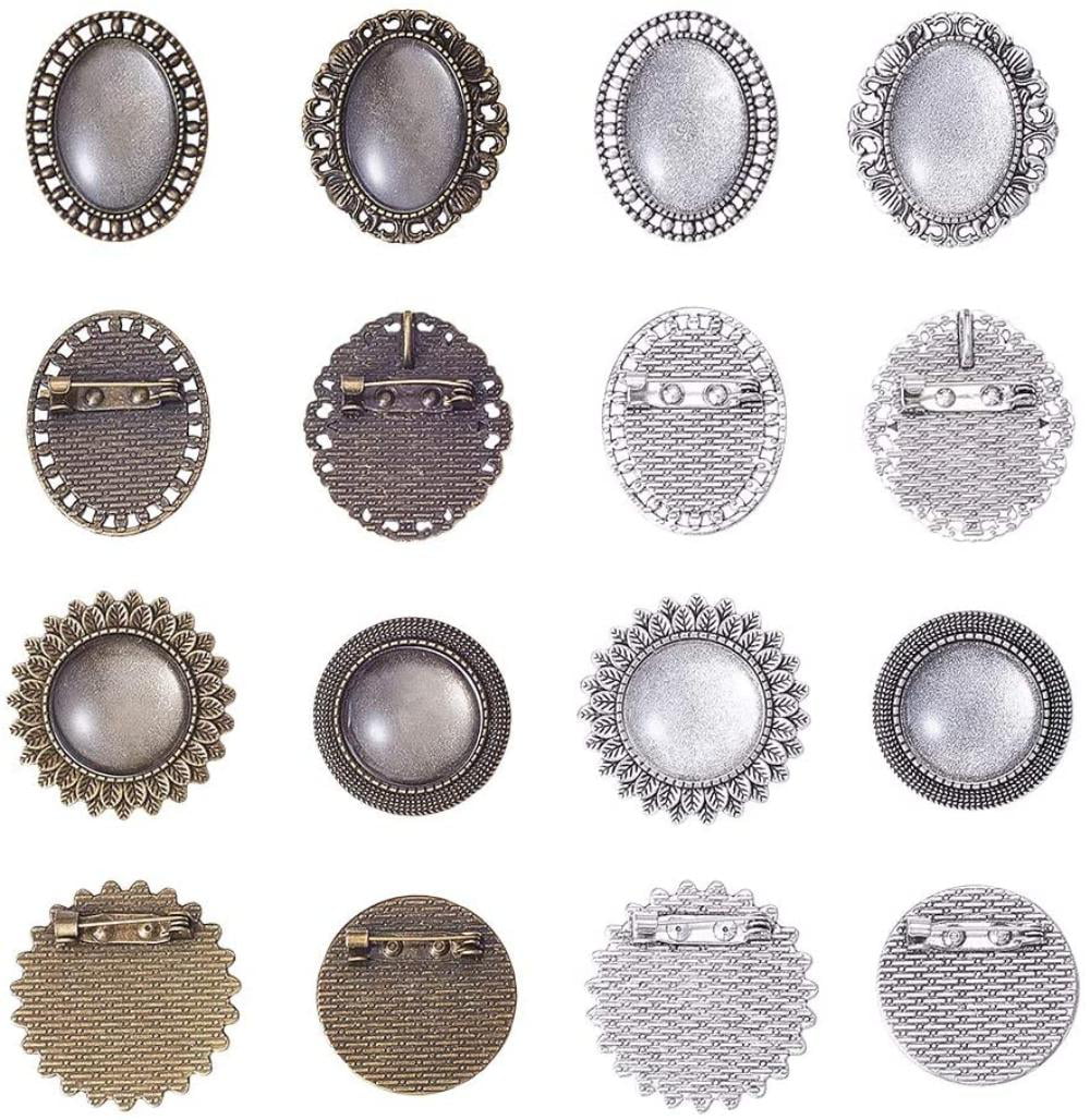 Round silver plated metal alloy 40 mm brooch settings pinbacks no stone lot of 6 