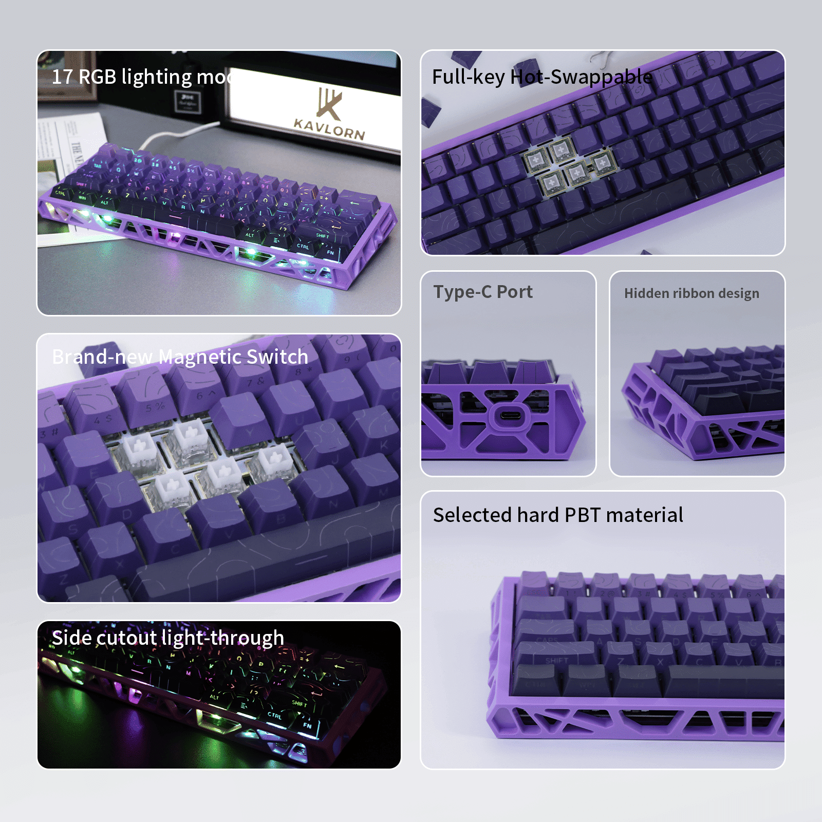Magnetic Switch Gaming Keyboard, 61-Key 60% Layout, 6-Color Skeleton Hollow Case, RGB Backlit, Full N-Key Rollover, Hot-Swappable Adjustable Magnetic Switches, Backlit PBT Keycaps