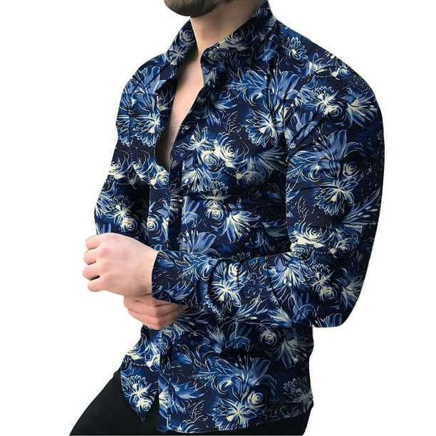 Camisas Para Hombre Camisa estampada informal de otono e invierno para hombre camisa de manga larga con solapa y botones camisa informal de manga larga con solapa estampada Blue L Bodega