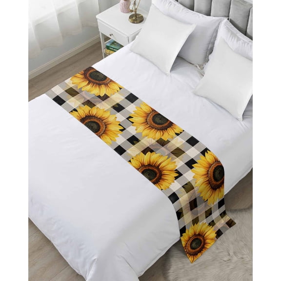 Xipuska Yellow Sunflower Bed Runners for Queen Size Bed, Decorative Bed Throws for Foot of Bed, White Black Checkered Retro Art Bed Runner Sofa Throw Bedding Scarf Protector Slipcover for Bedroom