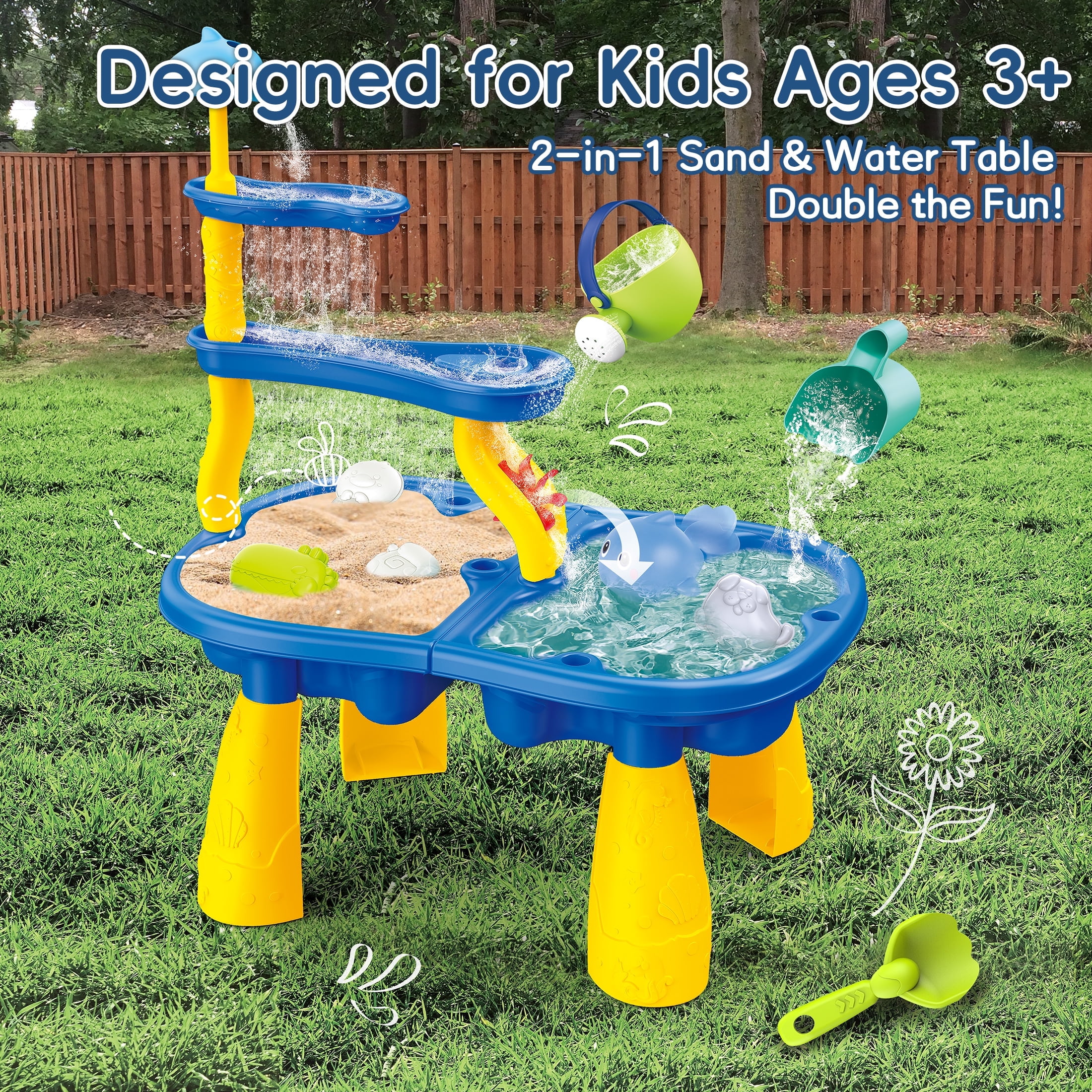 KOPPOP 2-in-1 Sand & Water Table for Kids, Outdoor Indoor Sensory Toy with Waterwheel & 8 Accessories, STEM Gift for Ages 3-5