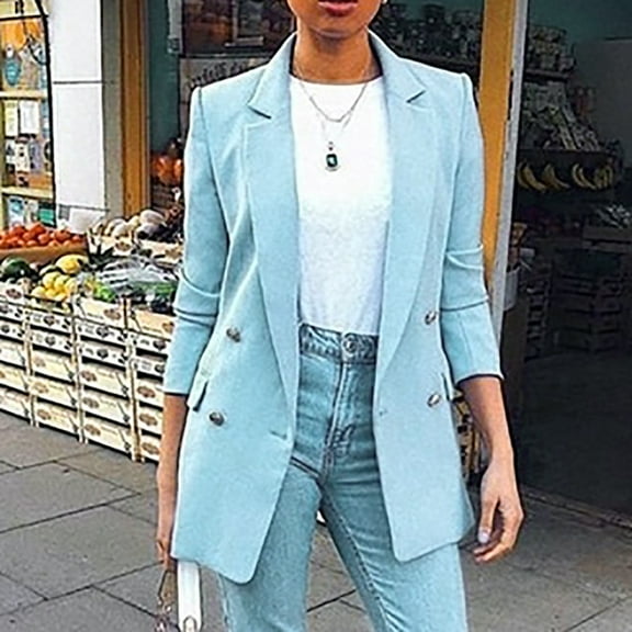 Ikevan Womens Ladies Solid Turn Down Collar Jacket Long Sleeve Coat Outerwear Light blue 10(XL)