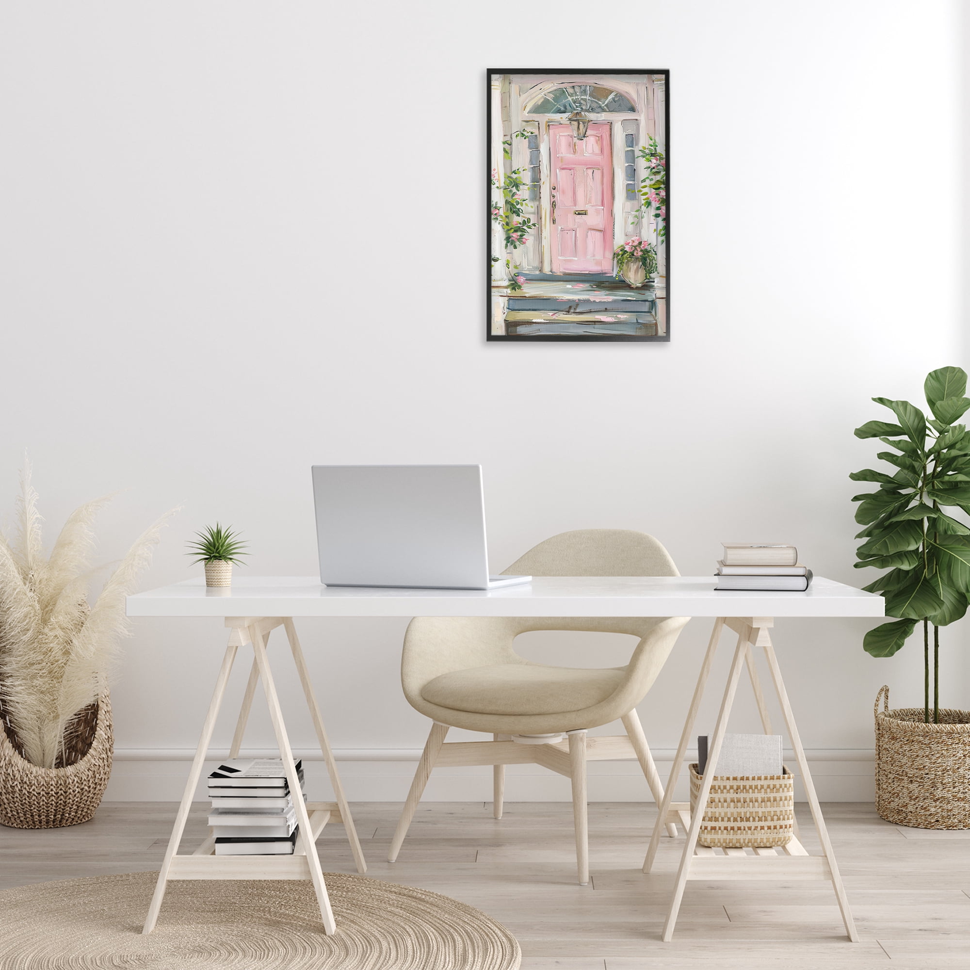 Stupell Industries Pink Door Welcome Town & City Painting Black Framed Art Print Wall Art, 16 x 24