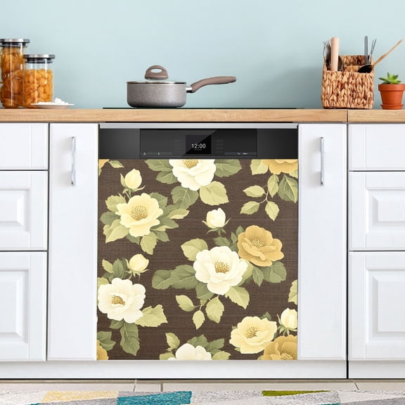 Haosy Dishwasher Magnet Cover Magnetic Fridge Door Cover Home Kitchen Decor Brown Cream Roses 23"x 26"