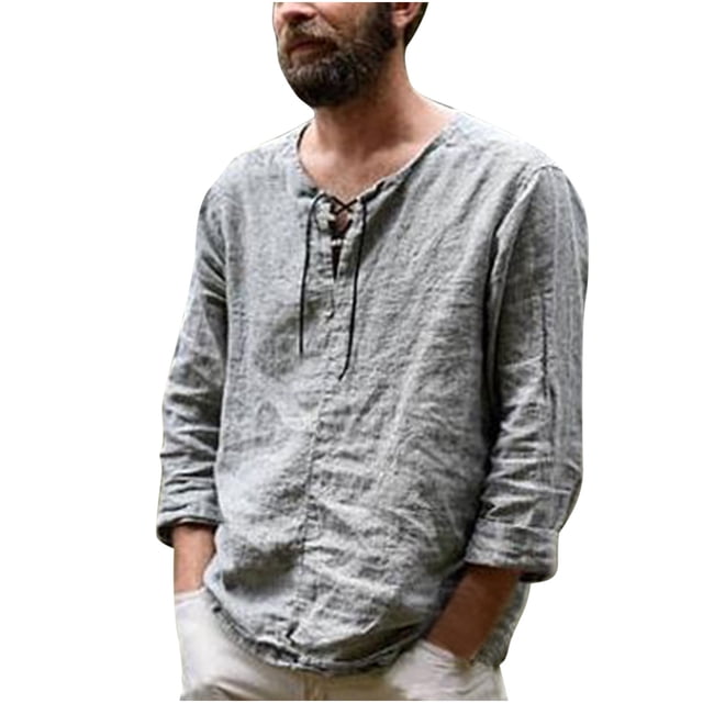Camisa de blusa casual de manga larga con cuello en V para hombre Pompotops oipoqjl8521