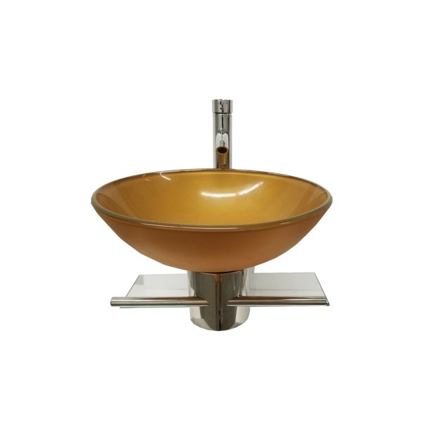 Modern Small Bathroom Pedestal Vanity Glass Bowl Vessel Mustard Gold