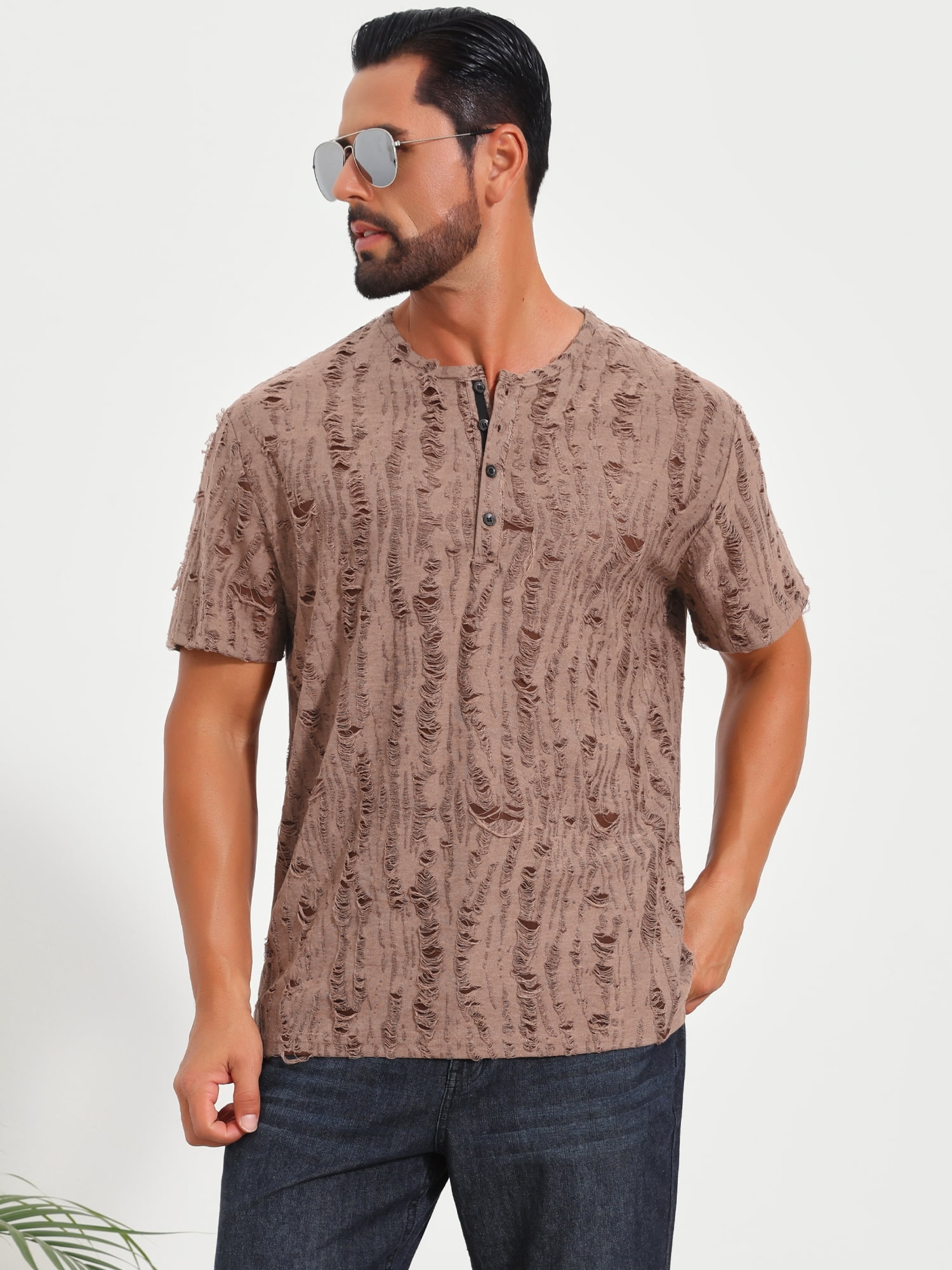 DARING DIVA Men's Ripped Henley Retro Short Sleeve Button Down T-Shirt L Brown