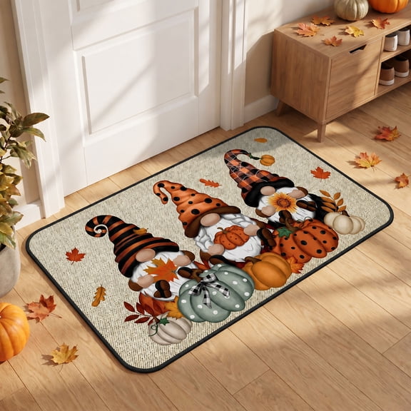 Herunwer Thanksgiving Polyester Decorative Display Accent Textured Surface Detail Vibrant Printed Pattern Fall Gnome Pumpkin Doormat