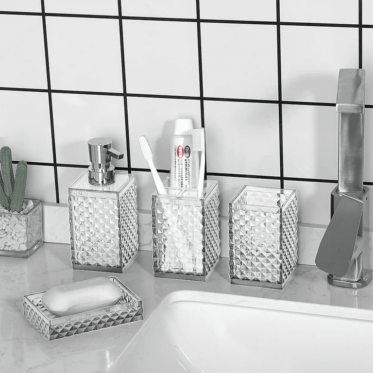 5pcs Acrylic Bathroom Accessories Set, Bathroom Vanity Accessory Set,  Toothbrush Holder, Tumbler ,Soap Dispenser, Soap Dish, Toilet Brush Set,  Elegant