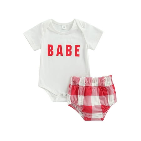 

Multitrust Newborn Two-Piece Outfits Short Sleeve Letter Print O-Neck Bodysuit + Elastic Waist Plaid Short Pants