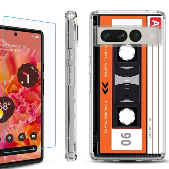 Shockproof Bumper Phone Case for Google Pixel 7 Pro, with Tempered Glass Screen Protector, by OneToughShield ® - Cassette Orange