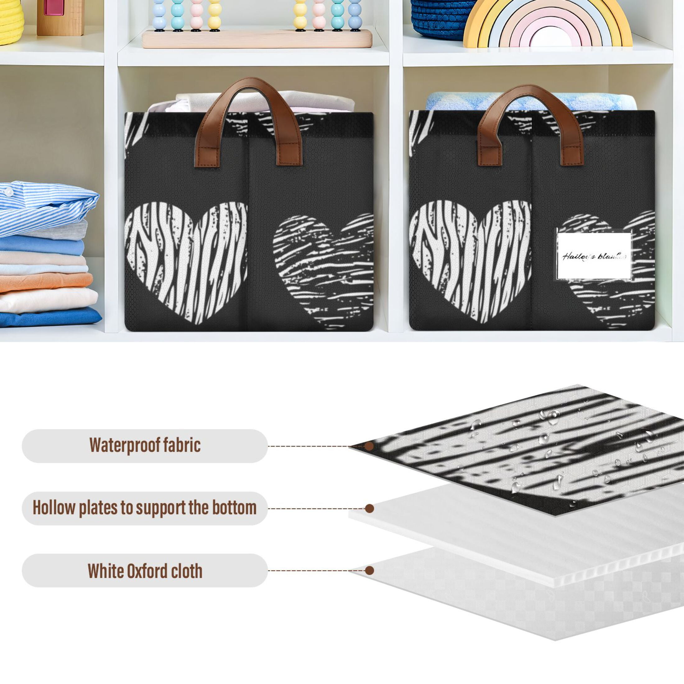 Hearts in Black Foldable Storage Large Fabric Storage Baskets Organizer Storage Bins with Handles for Shelves
