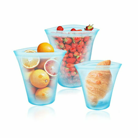 Reusable Silicone Zipper Storage Bag Fresh Bag Preservation Case Cup Set for Food Meat Vegetable in Microwave Refrigerator(Blue Cup 3-Piece)