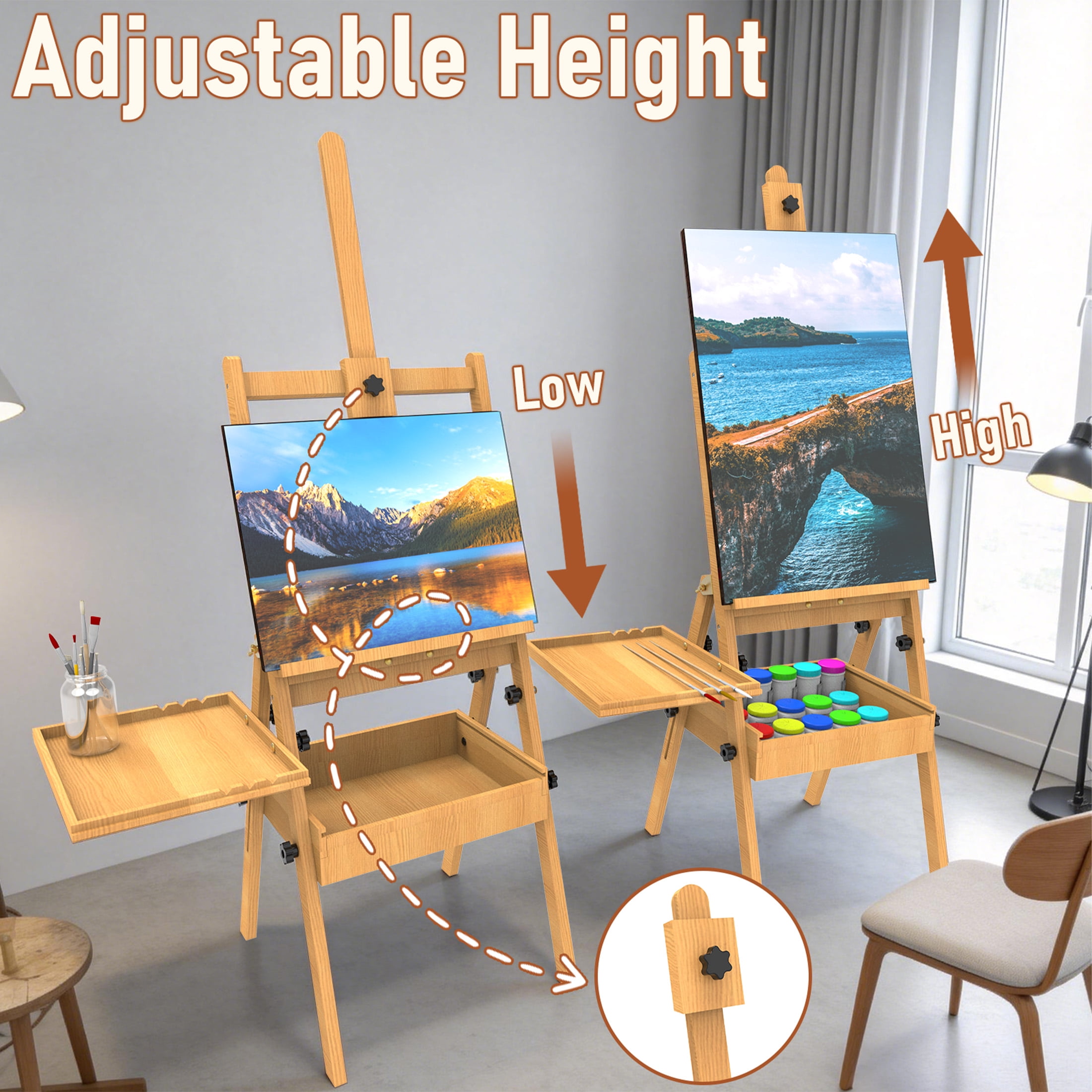Yacona Art Easel for Painting, Wooden Easel for Adults, H-Frame with Storage Drawer, Natural Style
