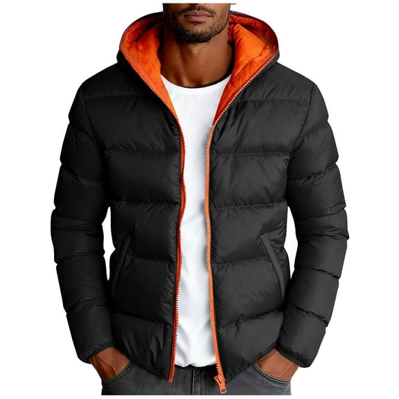 qucoqpe Men's 2025 Winter Causal Thermal Colorblock Patchwork Color Long Sleeve Puffer Down Jackets Full Zip Up Hooded Parkas with Pockets