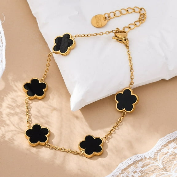 3pcs Flower Resin Link Chain Bracelets Golden Tone 304 Stainless Steel Cable Chain Bracelets for Women Black 6-1/4~6-3/8 inch(15.9~16.3cm)