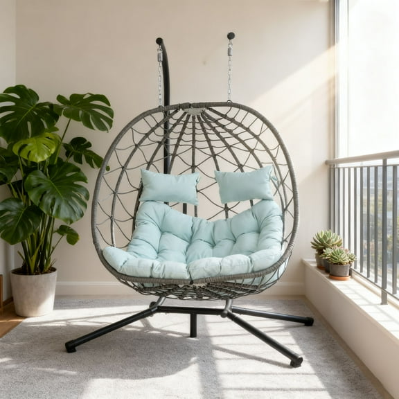 Swing Chair With Stand Swing Hammock Chair Egg Swing Chair 2 Person Hanging Chair With Stand Egg Swing Chair With Stand Cushion Hanging Wicker Hammock Chair For Indoor Outdoor Garden Patio Blue