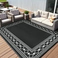 thumbnail image 4 of HIWEAVER 9' x 18' Black/White Outdoor Rug PP Plastic Straw Woven Waterproof Patio Rug with Border Portable Outside Carpet for Balcony Deck Picnic Garden Decor, 4 of 5